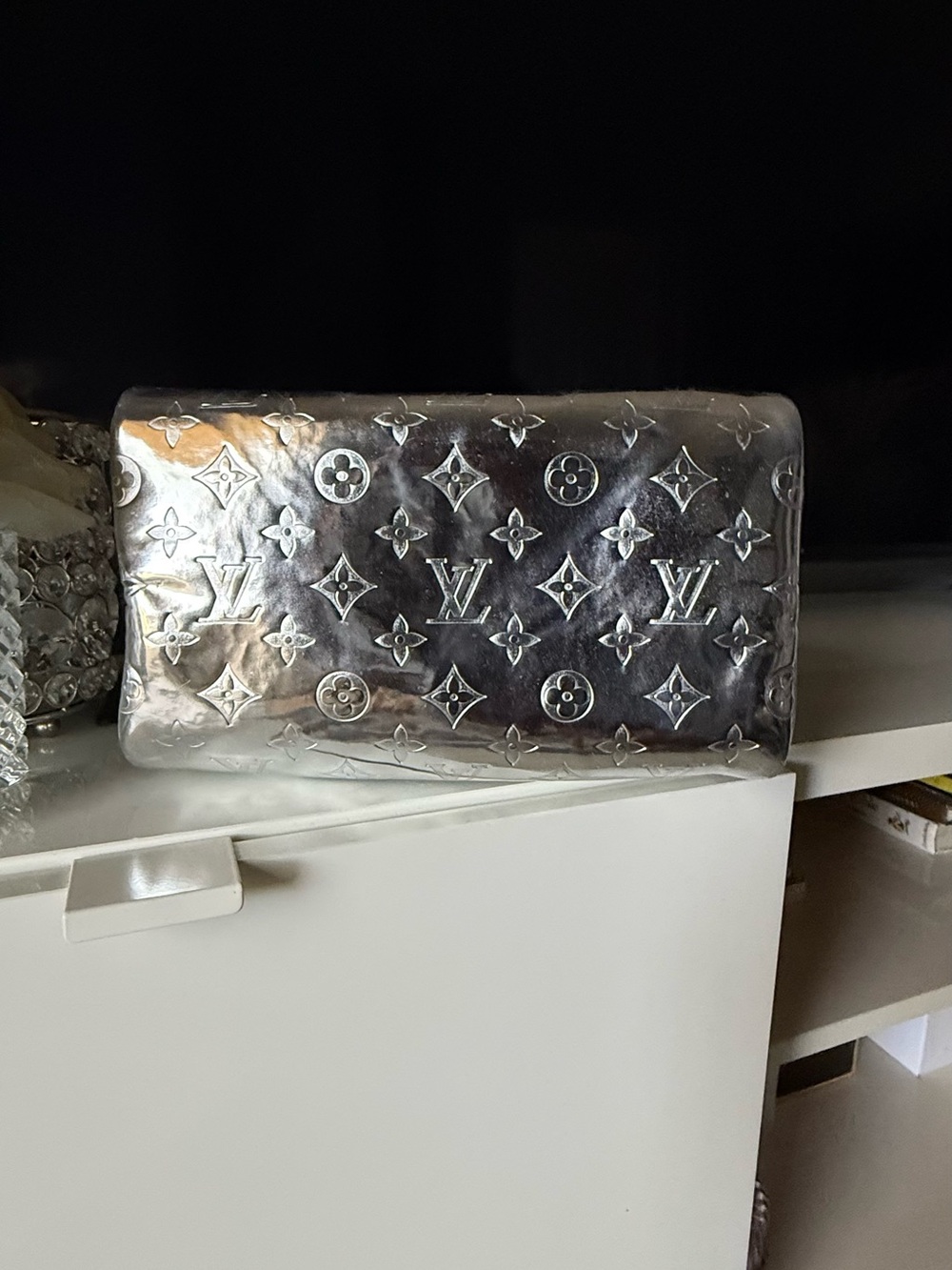 Metallic Silver Monogram Wristlet Clutch